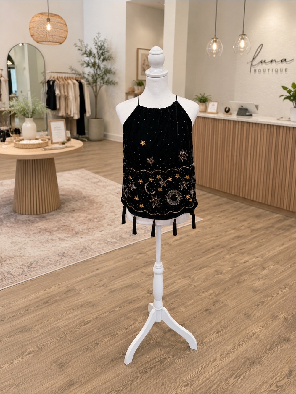 Anthropologie Q&A Black Velvet Celestial Beaded Tassel Tank Size Medium NWT